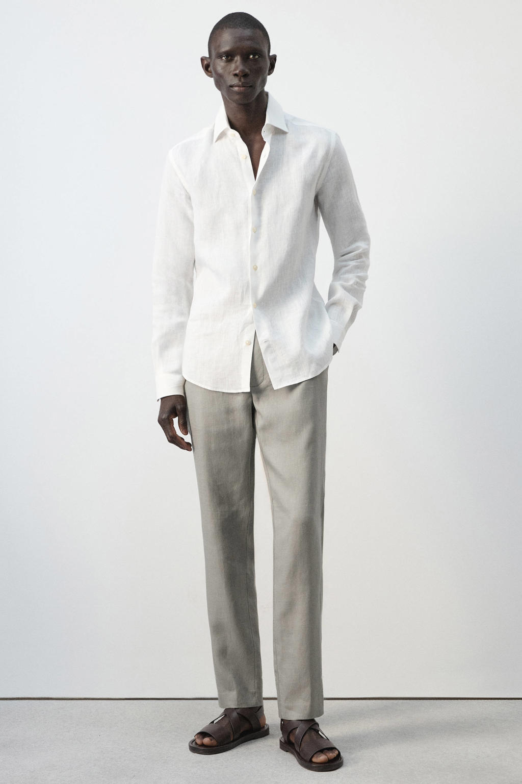 Mango Man slim pantalon met linnen grijs