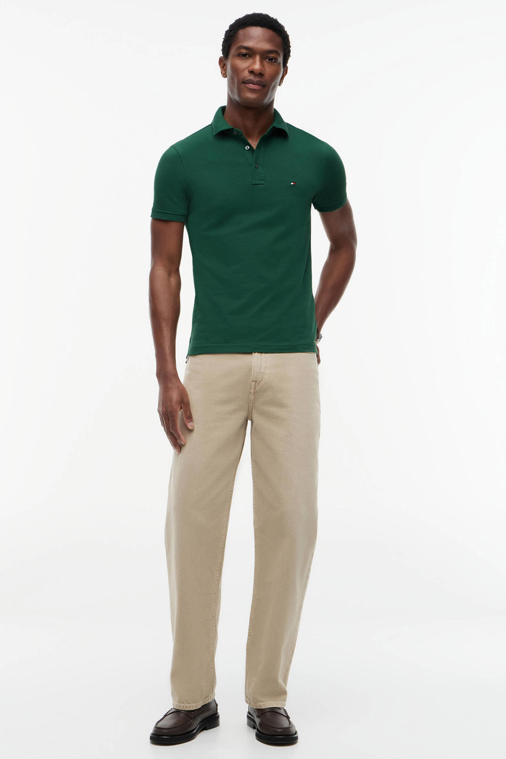Donkergroene heren Tommy Hilfiger slim polo van katoen met effen en korte mouwen