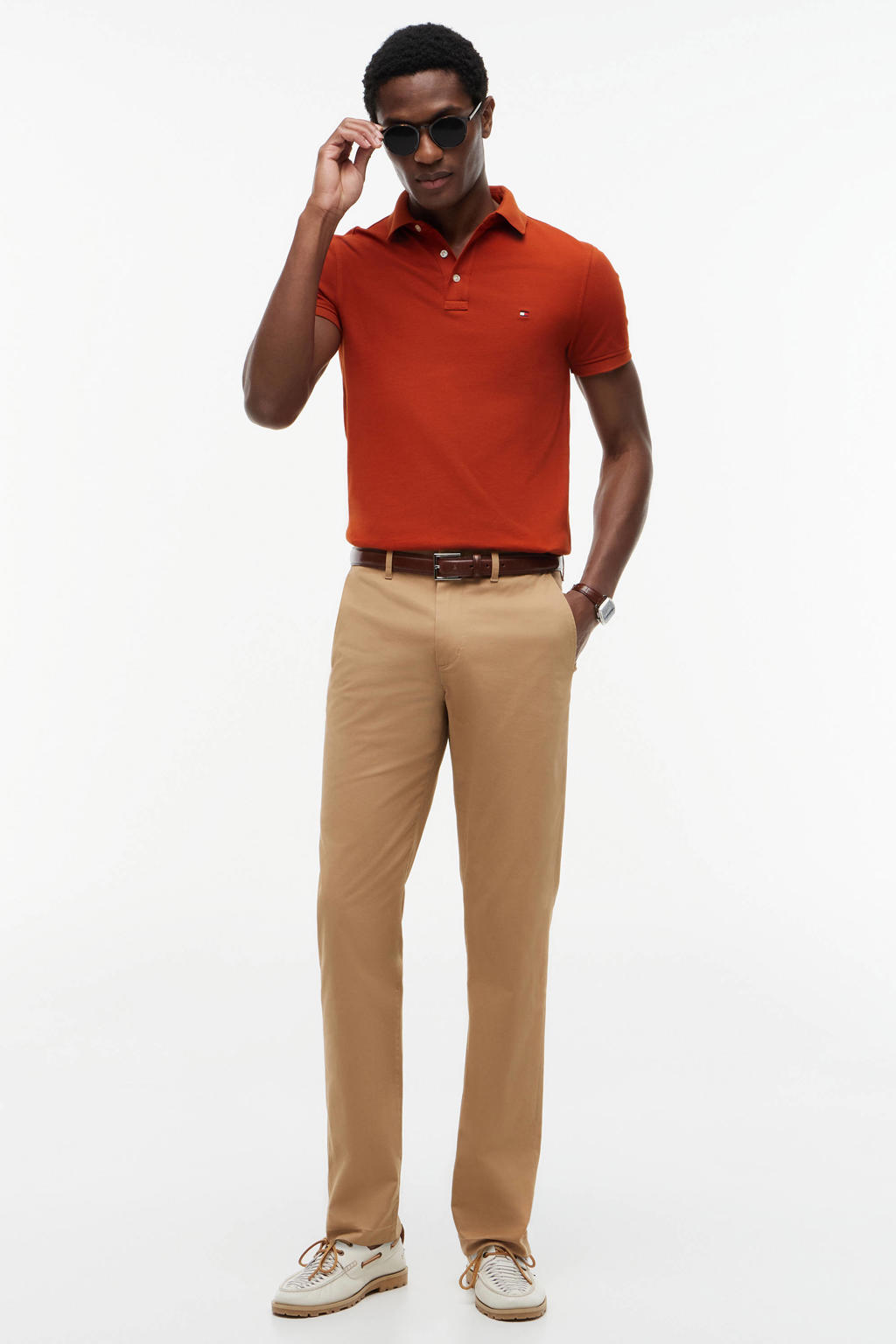 Donker oranje heren Tommy Hilfiger slim polo van katoen met effen en korte mouwen