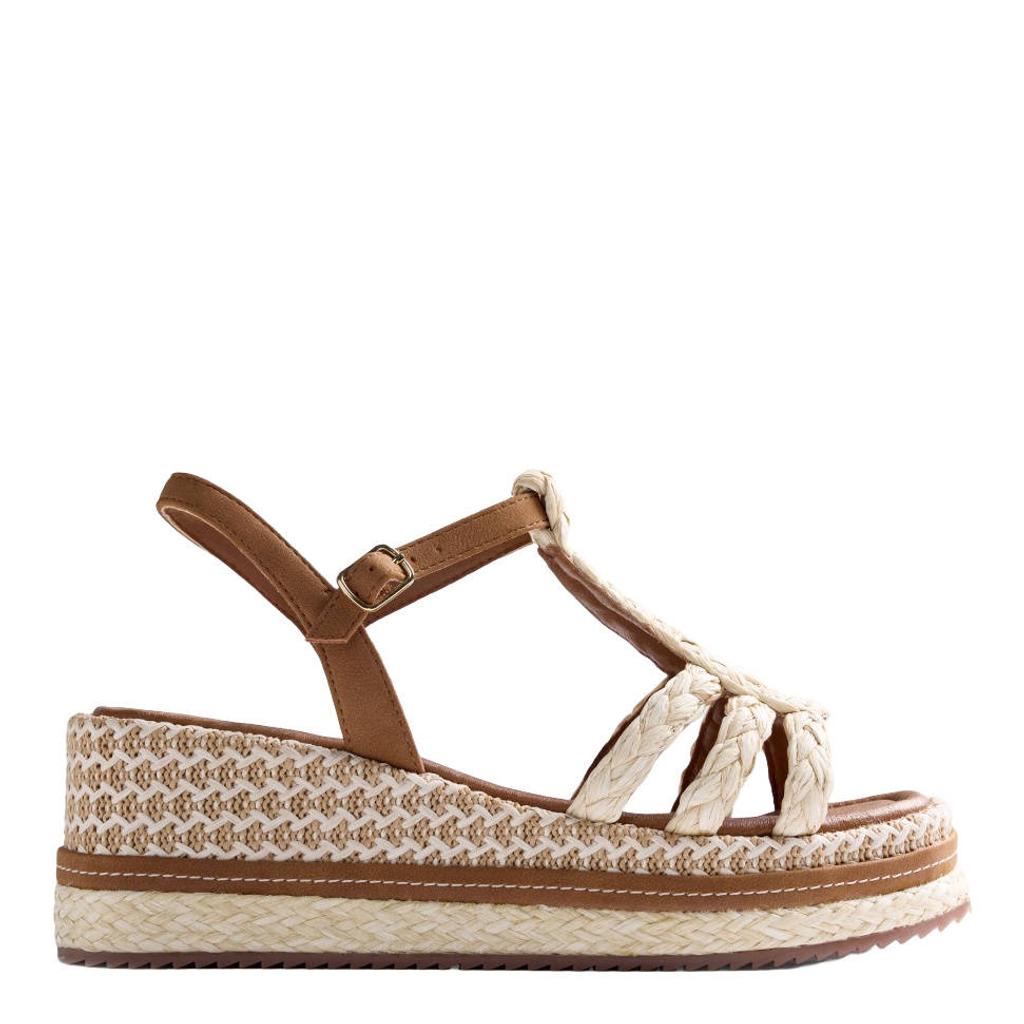 Cognac en ecru dames Gioseppo Harcourt espadrilles van raffia en imitatieleer