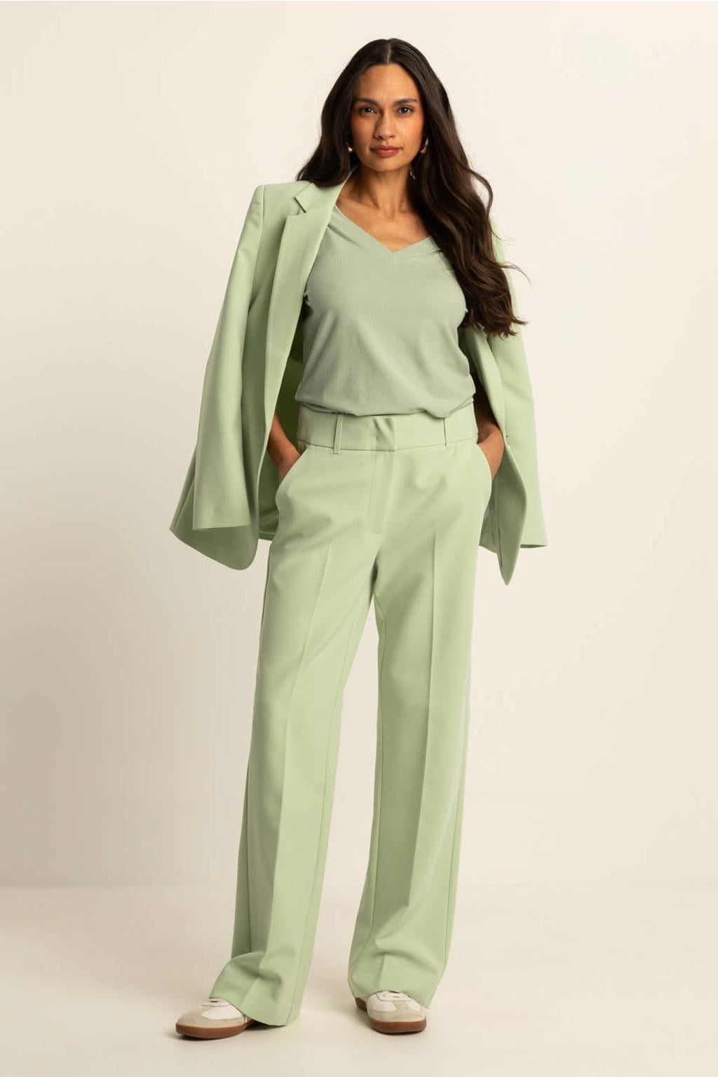 Lichtgroene dames Expresso wide leg high waist pantalon met rits, haak- en knoopsluiting en effen