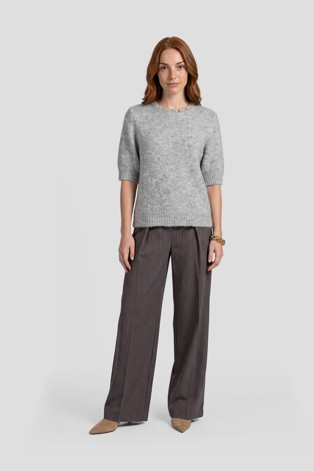 Grijs melange dames Ruby trui melange van polyester met effen, lange mouwen, ronde hals en gebreide details