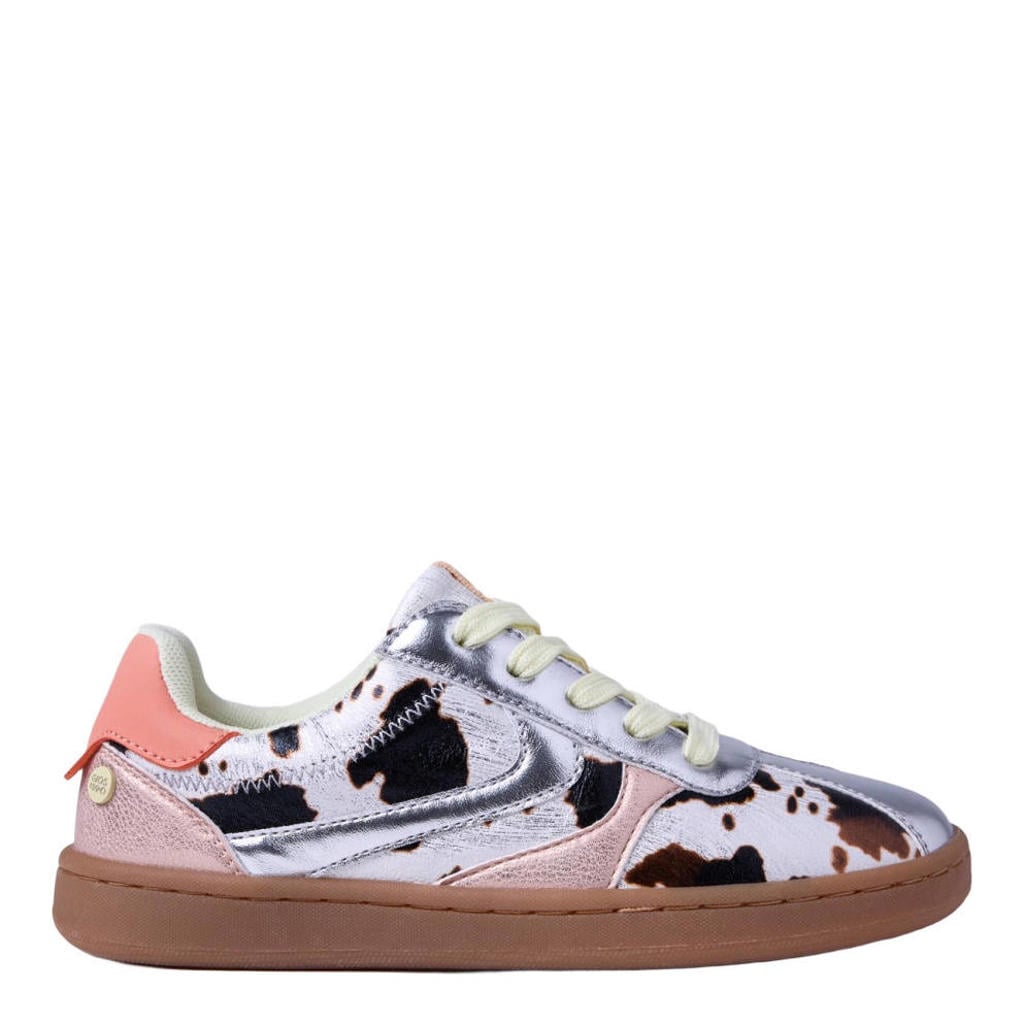 Zilver en roze meisjes Gioseppo sneakers van imitatieleer met veters en koeienprint