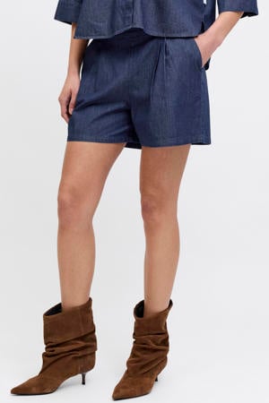 straight fit denim short met plooien - donkerblauw
