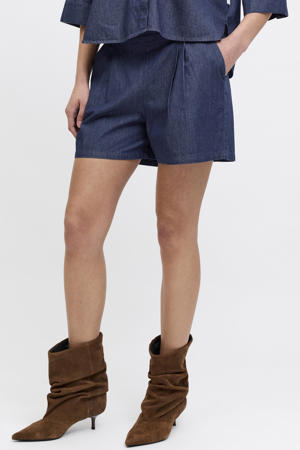 straight fit denim short met plooien - donkerblauw