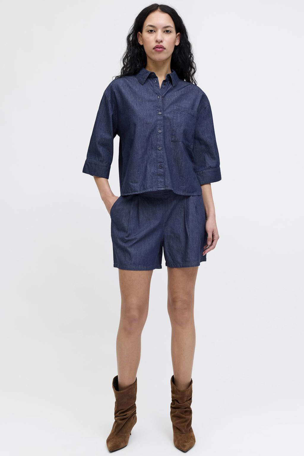 Dark blue denim dames JJXX straight fit short van denim met regular waist, elastische inzet en effen
