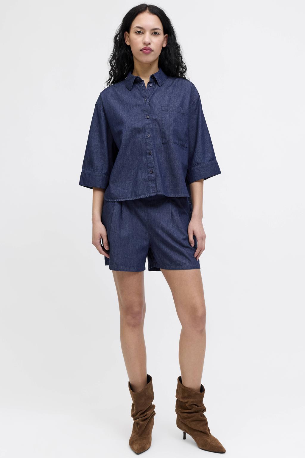 Dark blue denim dames JJXX loose fit blouse van denim met effen, driekwart mouwen, klassieke kraag en geweven detail