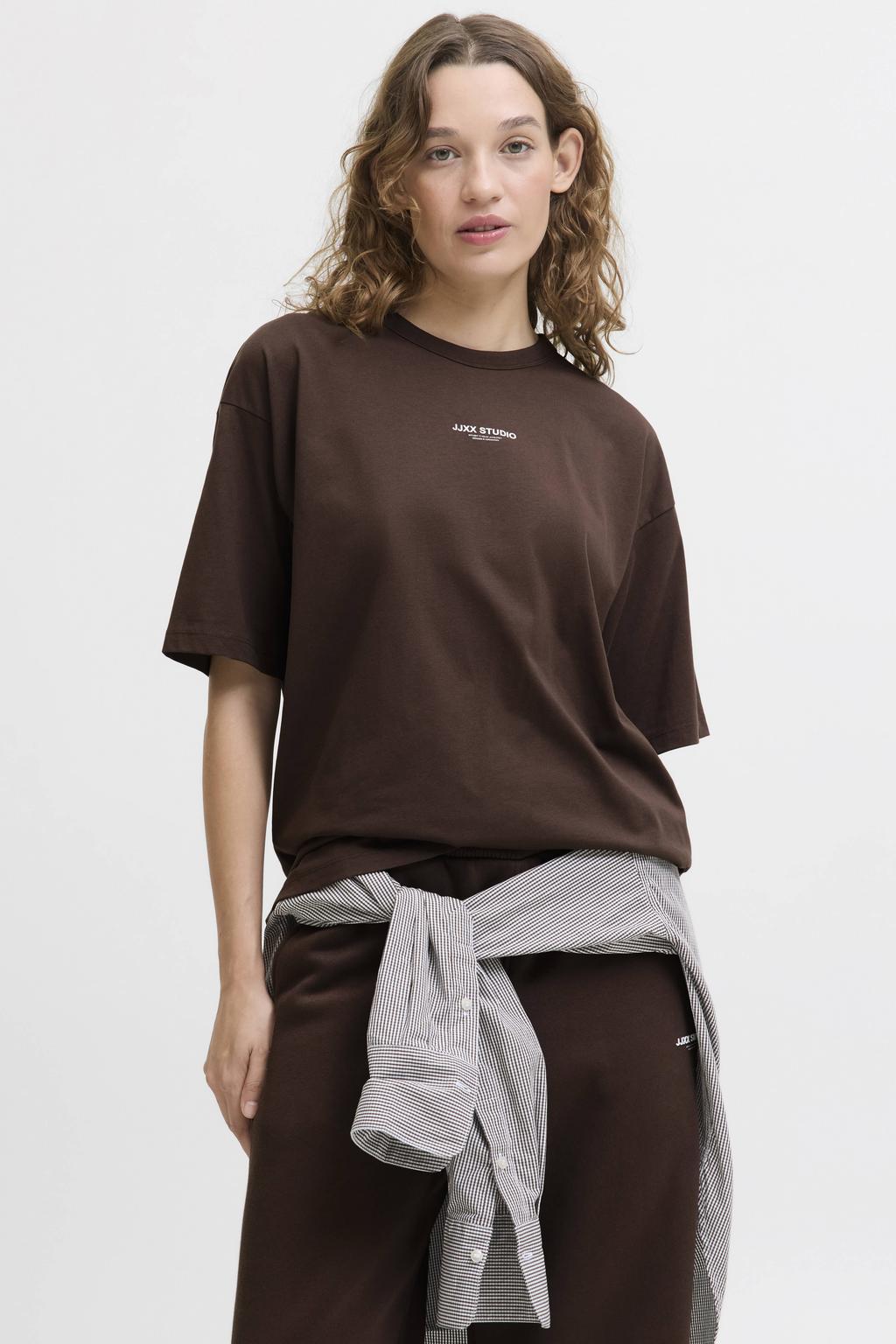 Bruine dames JJXX T-shirt van katoen met printopdruk, korte mouwen en ronde hals