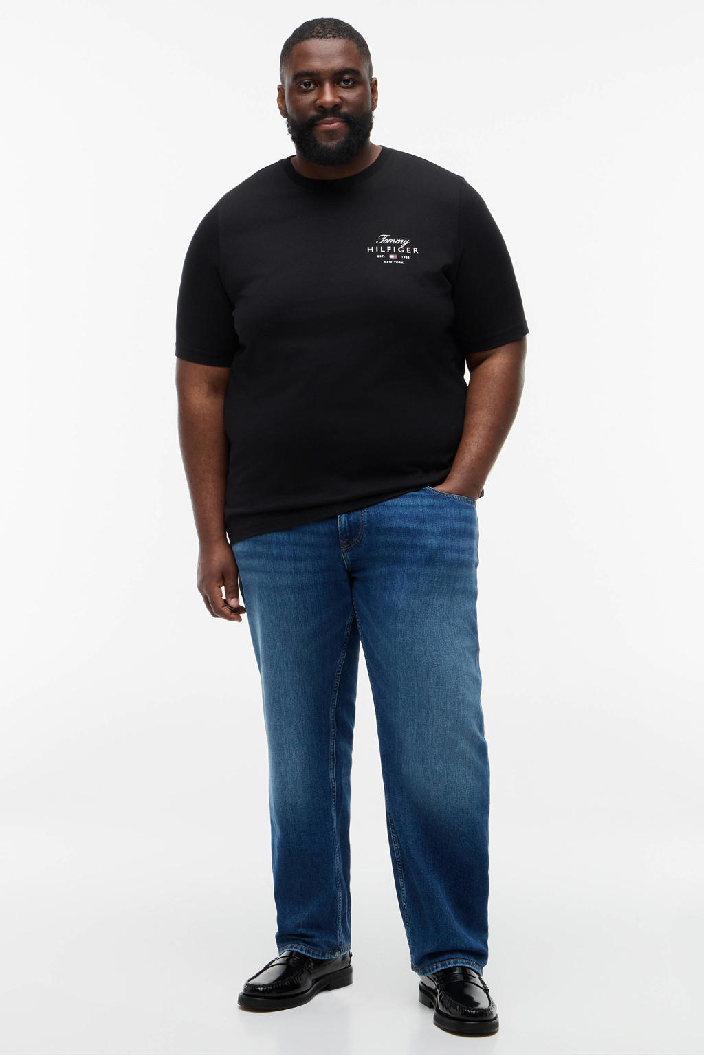 Zwarte heren Tommy Hilfiger Big & Tall regular T-shirt van katoen met logo dessin, korte mouwen en ronde hals