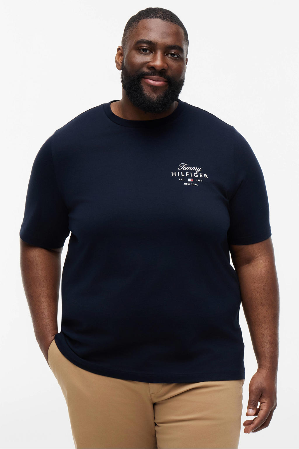 Donkerblauwe heren Tommy Hilfiger Big & Tall regular T-shirt van katoen met logo dessin, korte mouwen en ronde hals