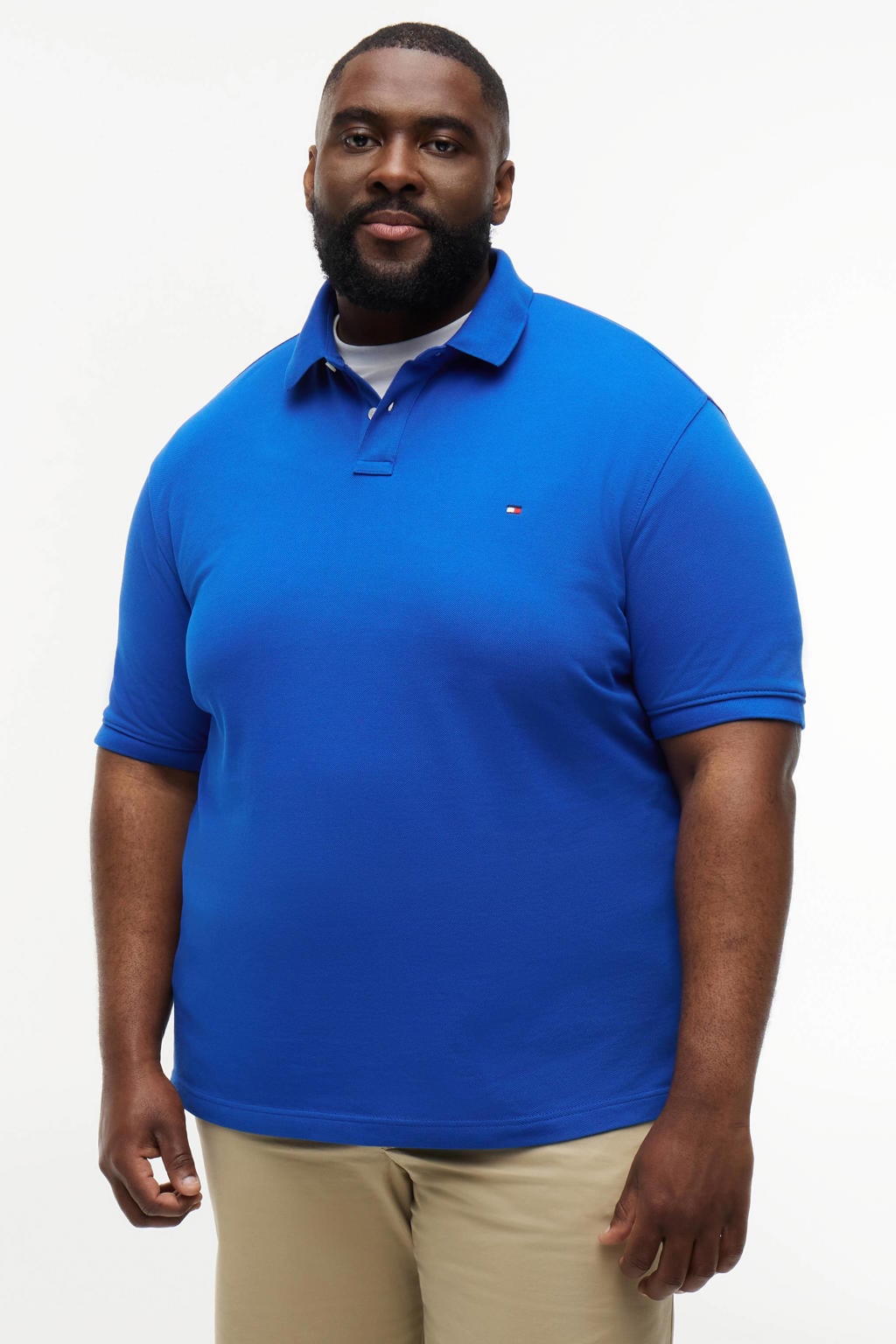 Blauwe heren Tommy Hilfiger Big & Tall regular polo van katoen met effen, korte mouwen en geribde boorden