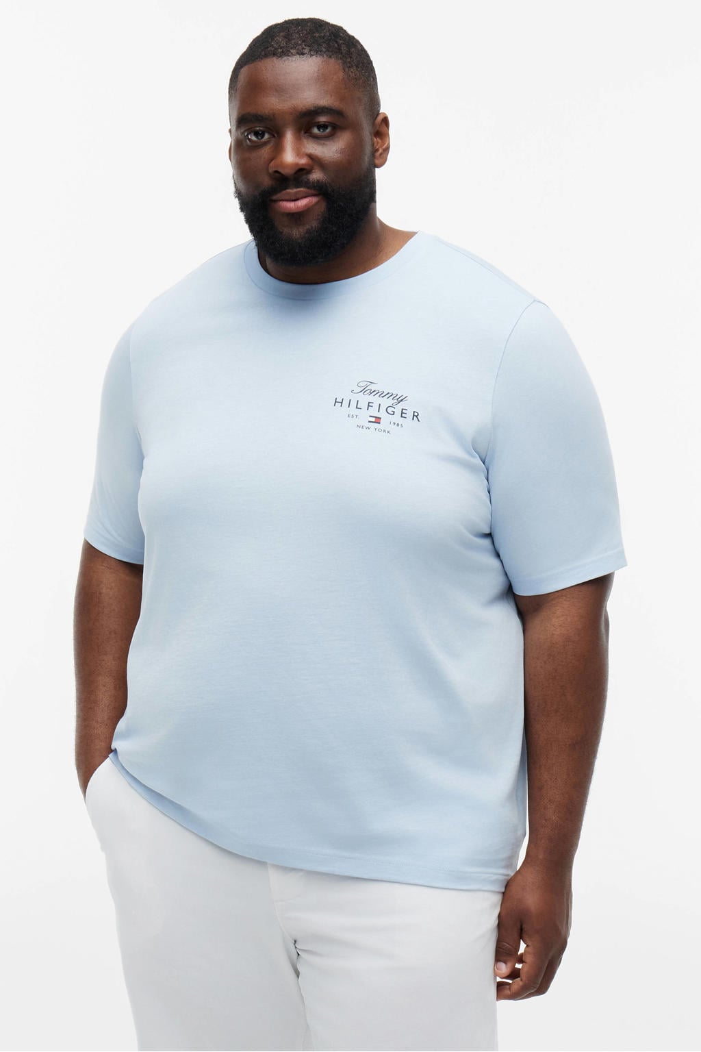 Lichtblauwe heren Tommy Hilfiger Big & Tall regular T-shirt van katoen met logo dessin, korte mouwen en ronde hals
