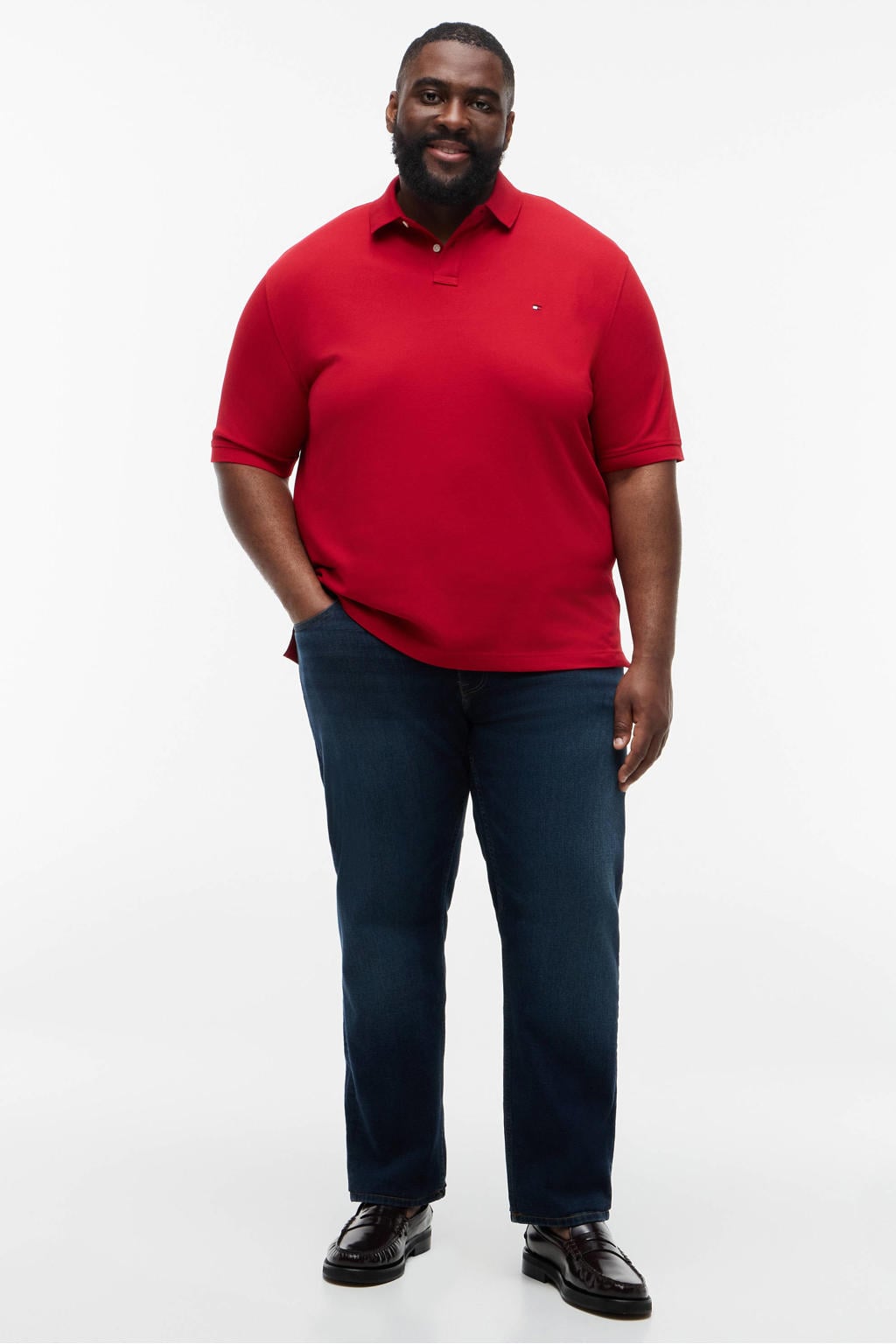 Rode heren Tommy Hilfiger Big & Tall regular polo van katoen met effen, korte mouwen en geribde boorden