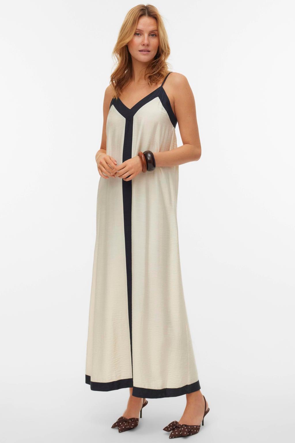 Ecru en zwarte dames VERO MODA maxi jurk van viscose met effen, spaghettibandjes, V-hals en geweven detail