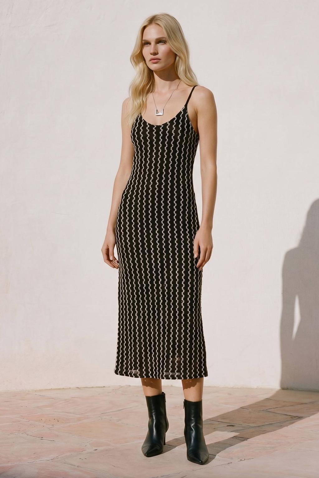 Zwart en witte dames VERO MODA gestreepte midi jurk van polyester met spaghettibandjes en ronde hals