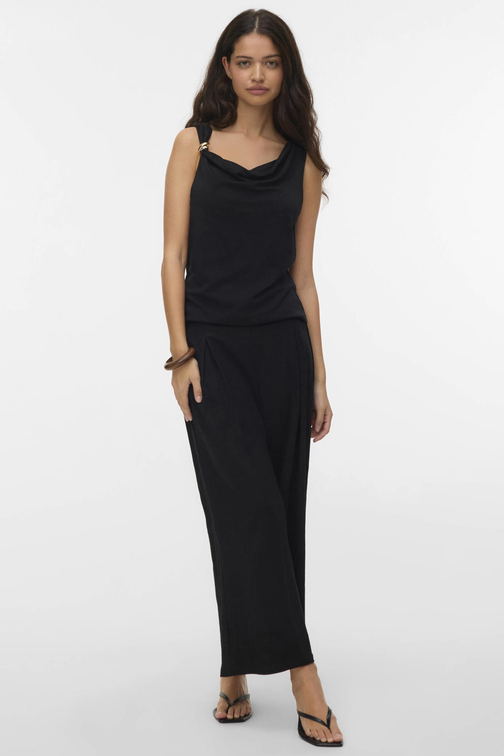 Zwart en gouden dames VERO MODA top van viscose met effen en ronde hals