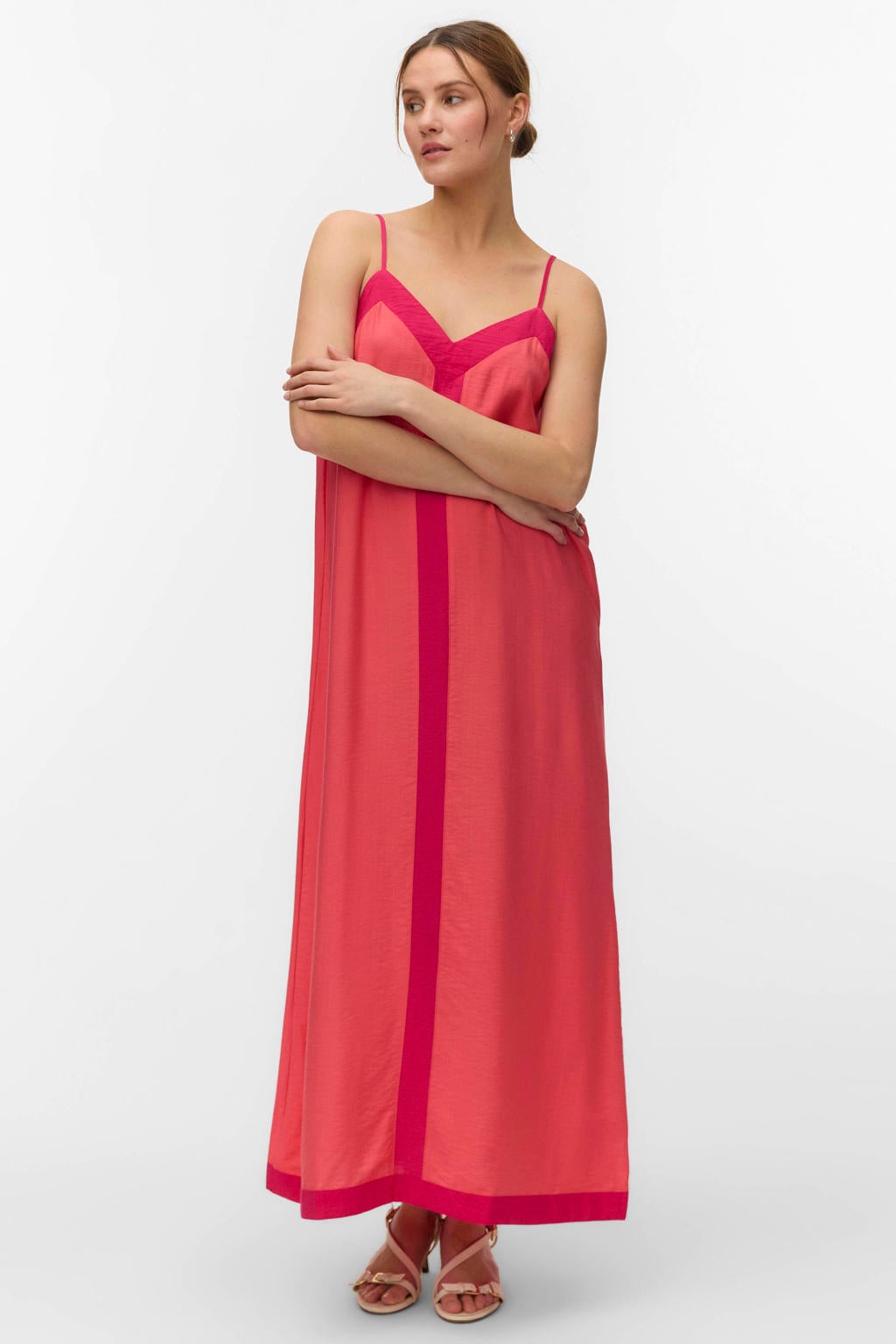 Roze dames VERO MODA maxi jurk van viscose met effen, spaghettibandjes, V-hals en geweven detail