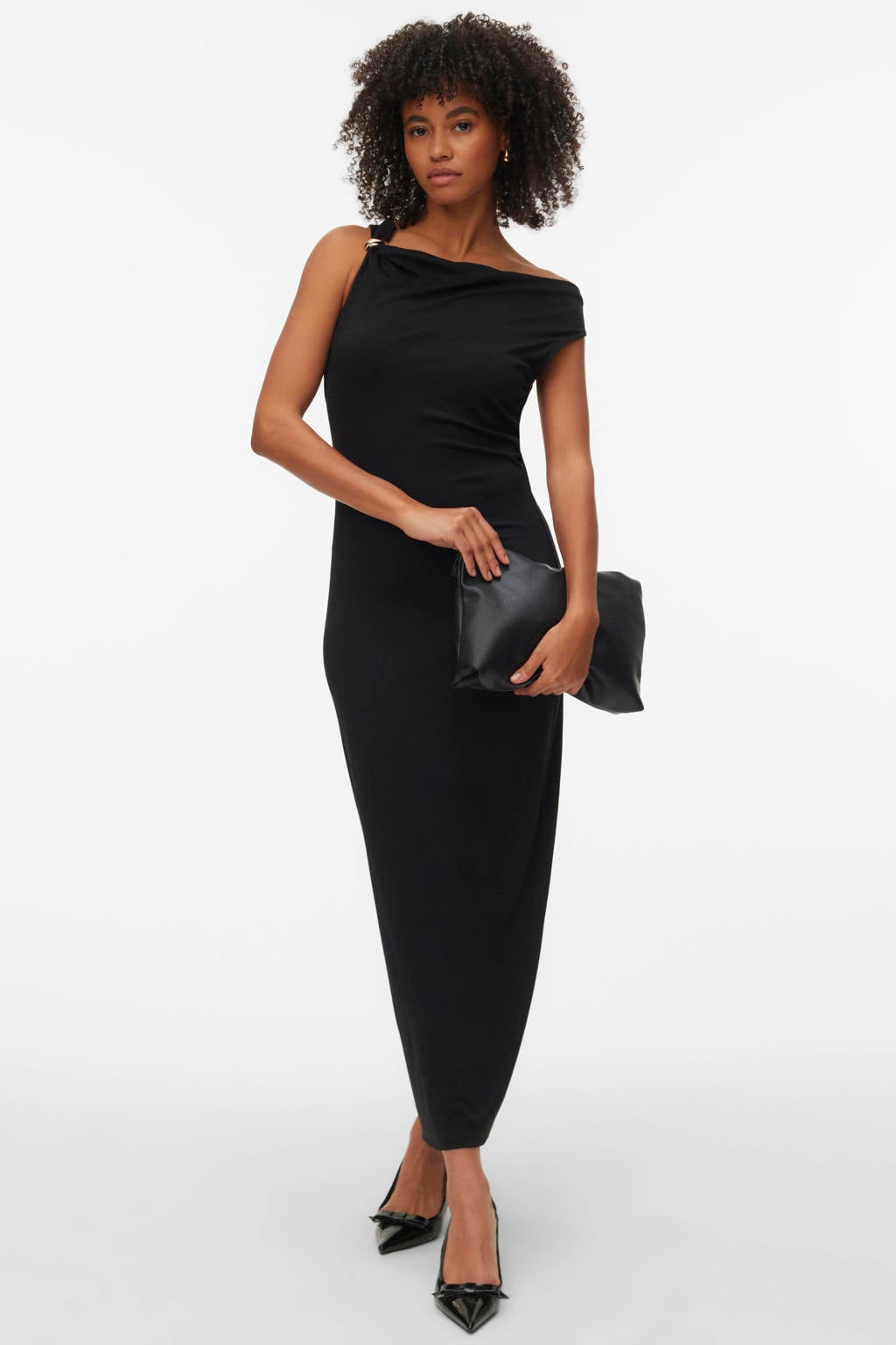 Zwarte dames VERO MODA maxi jurk van viscose met effen, ronde hals en split