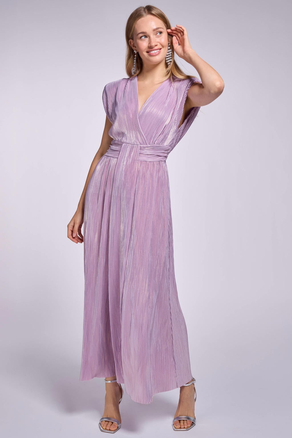Paarse dames Freebird maxi jurk van polyester met effen, V-hals en striksluiting