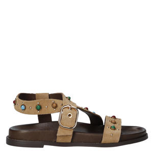 suède sandalen met sierstenen en studs beige