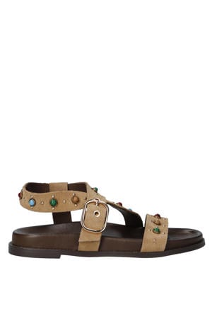 suède sandalen met sierstenen en studs beige
