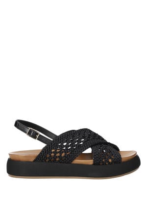 leren sandalen met plateauzool en gevlochten zwart