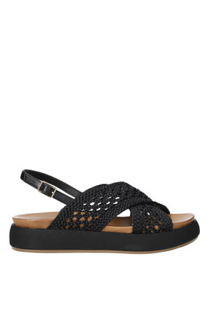leren sandalen met plateauzool en gevlochten zwart