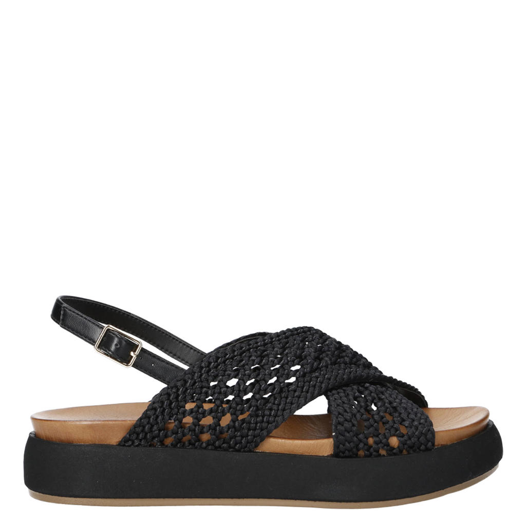 Zwarte dames Inuovo leren sandalen met plateauzool en gevlochten