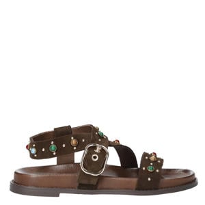 suède sandalen met sierstenen en studs bruin
