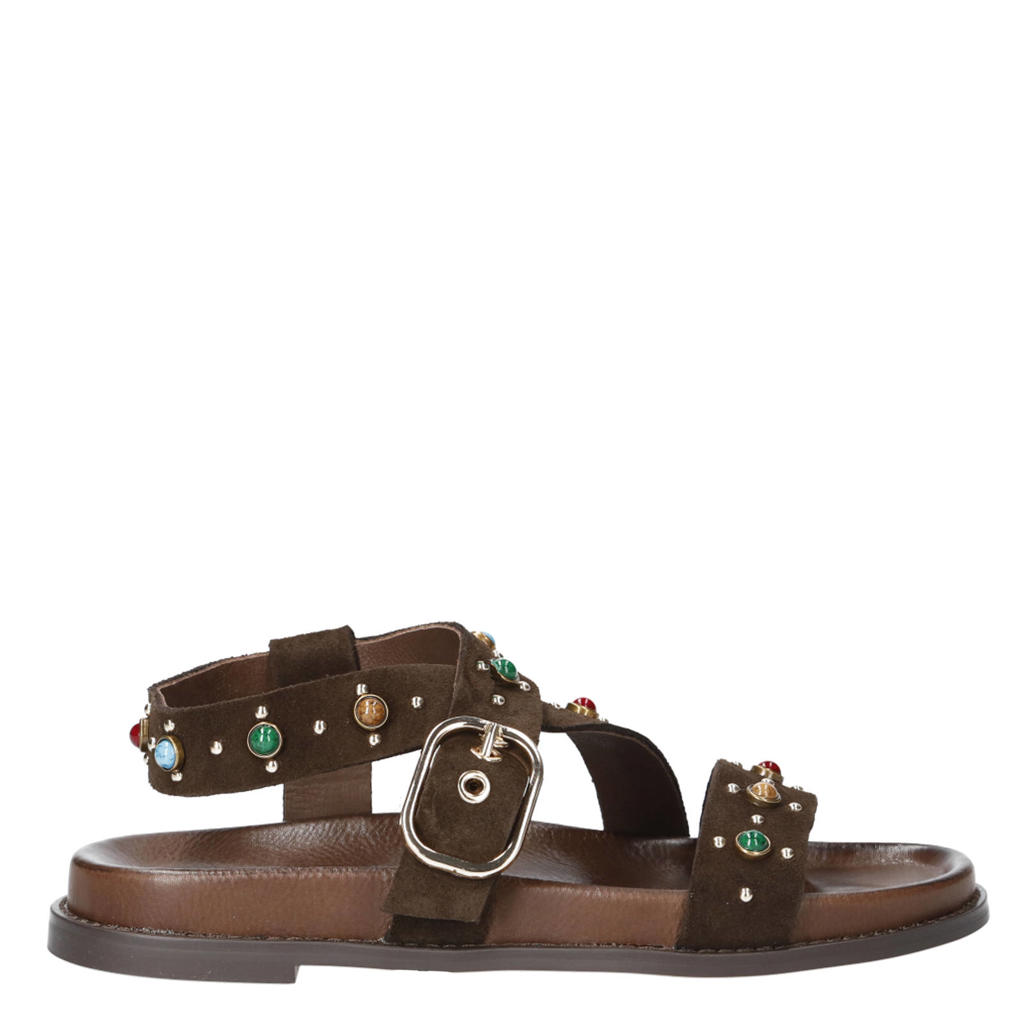 Bruine dames Inuovo suède sandalen met sierstenen en studs met gesp