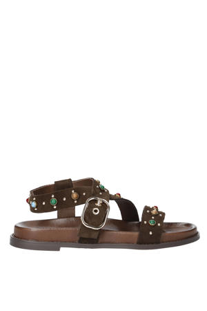 suède sandalen met sierstenen en studs bruin