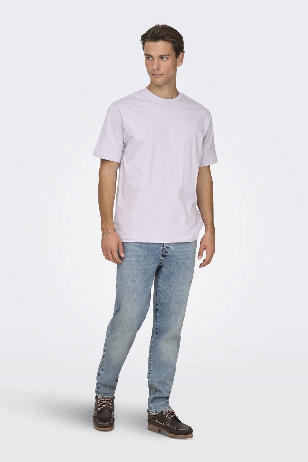 Lilakleurige heren ONLY & SONS regular T-shirt van katoen met effen, korte mouwen en ronde hals