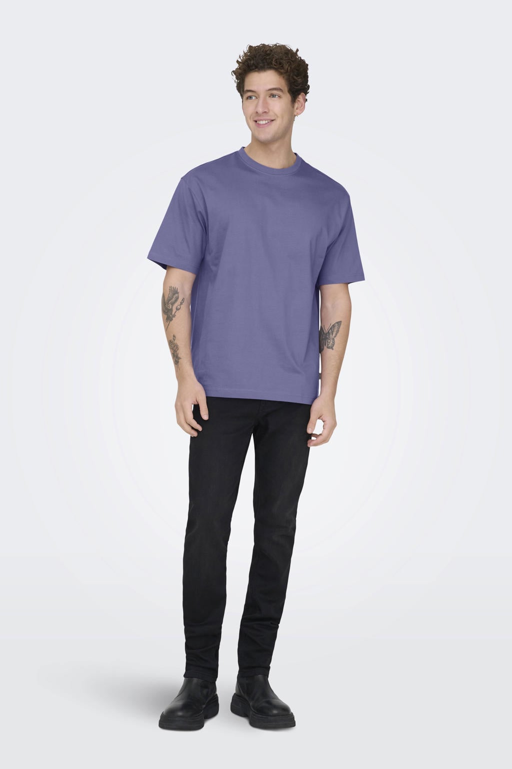 Paarse heren ONLY & SONS relaxed T-shirt van katoen met effen, korte mouwen en ronde hals