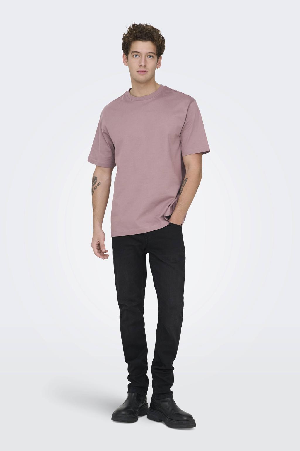 Oudroze heren ONLY & SONS relaxed T-shirt van katoen met effen, korte mouwen en ronde hals