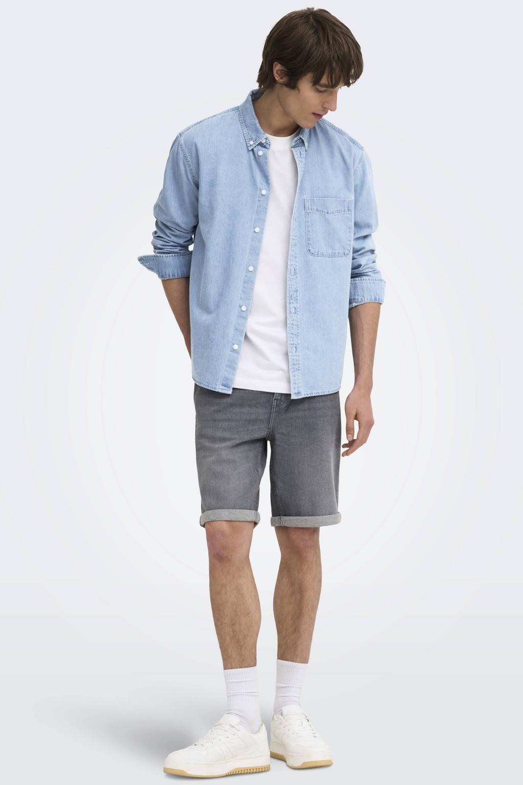 Light blue denim heren ONLY & SONS regular casual overhemd van denim met effen, lange mouwen, button down sluiting en knoopsluiting