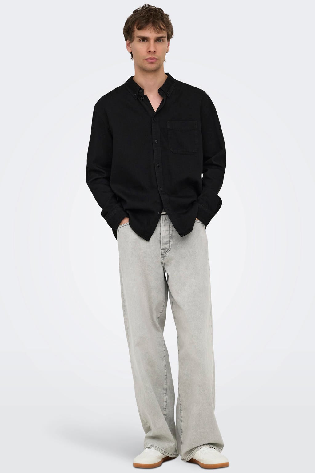 Black denim heren ONLY & SONS regular casual overhemd black van denim met effen, lange mouwen, button down sluiting en knoopsluiting