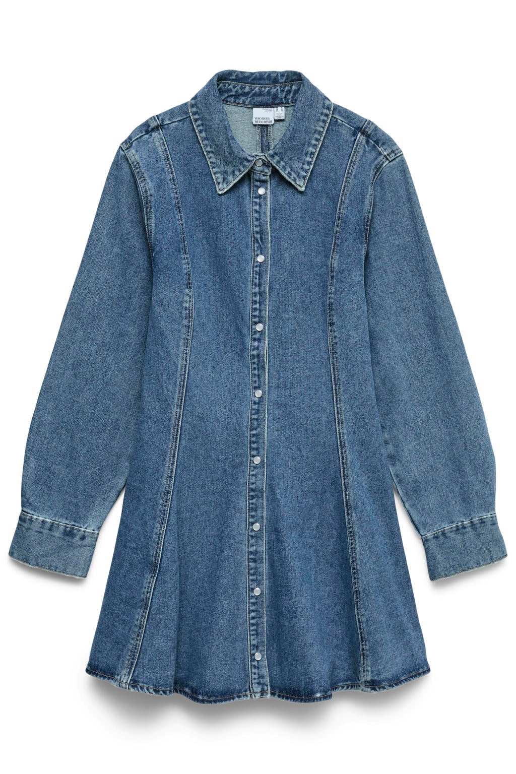 Medium blue denim dames VERO MODA A-lijn jurk van denim met effen, lange mouwen, klassieke kraag en knoopsluiting