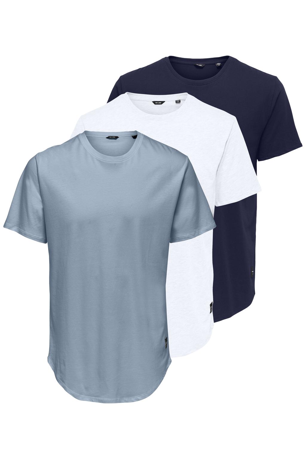 Set van 3 blauwe heren ONLY & SONS T-shirt van katoen met effen, korte mouwen en ronde hals