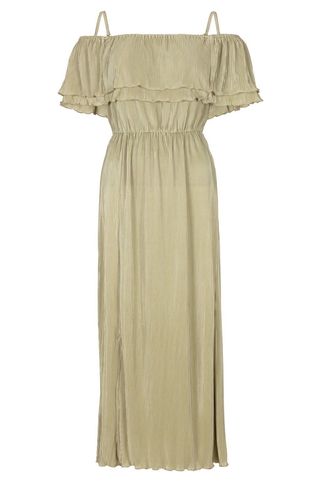 Groene dames Freebird jurk van polyester met effen, korte mouwen, off shoulder hals en glimmend detail