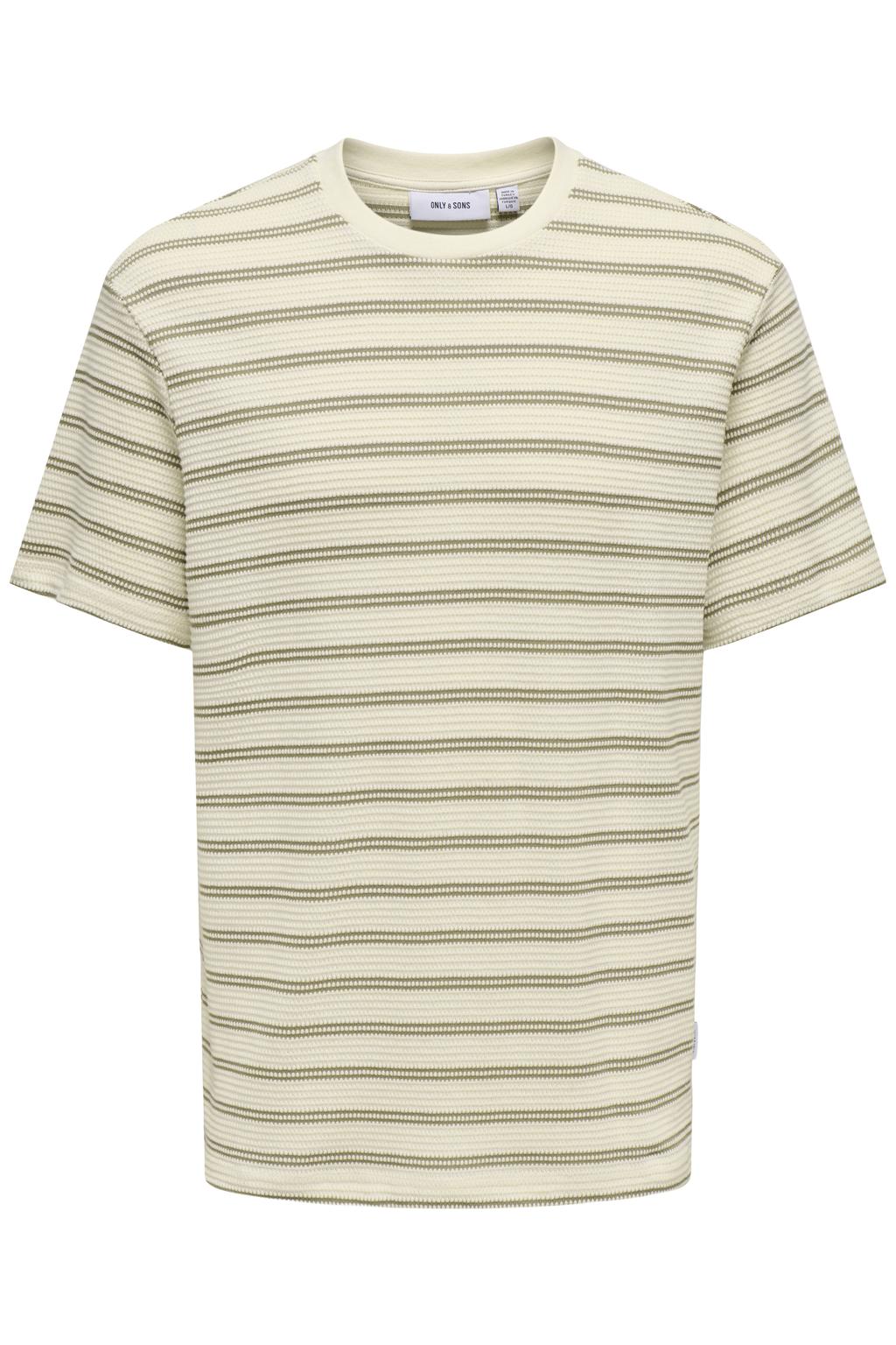 Beige heren ONLY & SONS regular gestreept T-shirt gebreid van katoen met korte mouwen en ronde hals