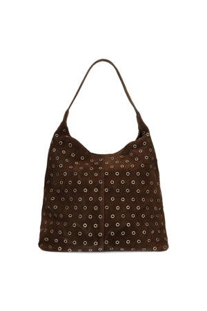 suede schoudertas met studs donkerbruin