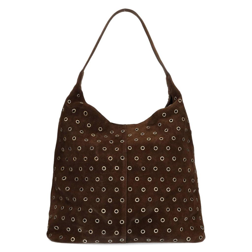 Manfield suede schoudertas met studs donkerbruin