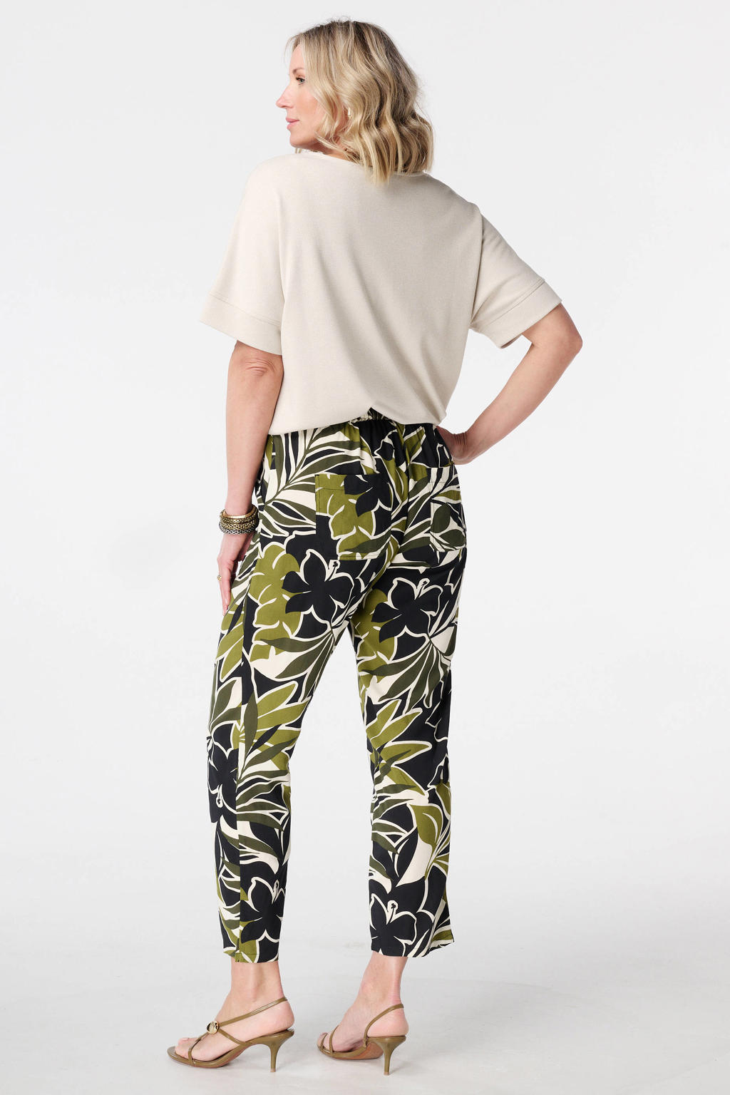 Groen en zwarte dames MS Mode straight regular waist broek van viscose met elastische tailleband met koord