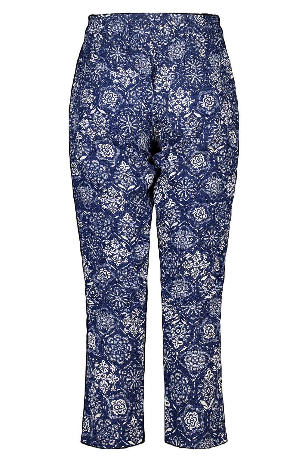 Blauw en witte dames MS Mode straight regular waist broek van viscose met elastische tailleband met koord