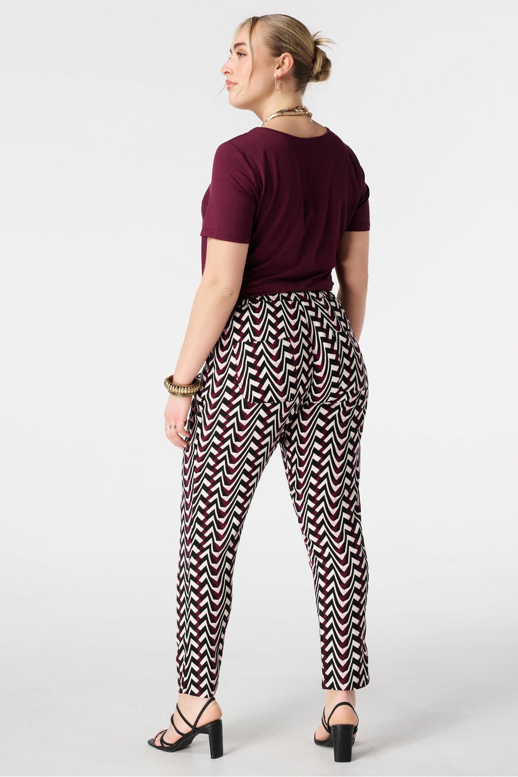 Rood, wit en zwarte dames MS Mode straight regular waist broek van viscose met elastische tailleband met koord
