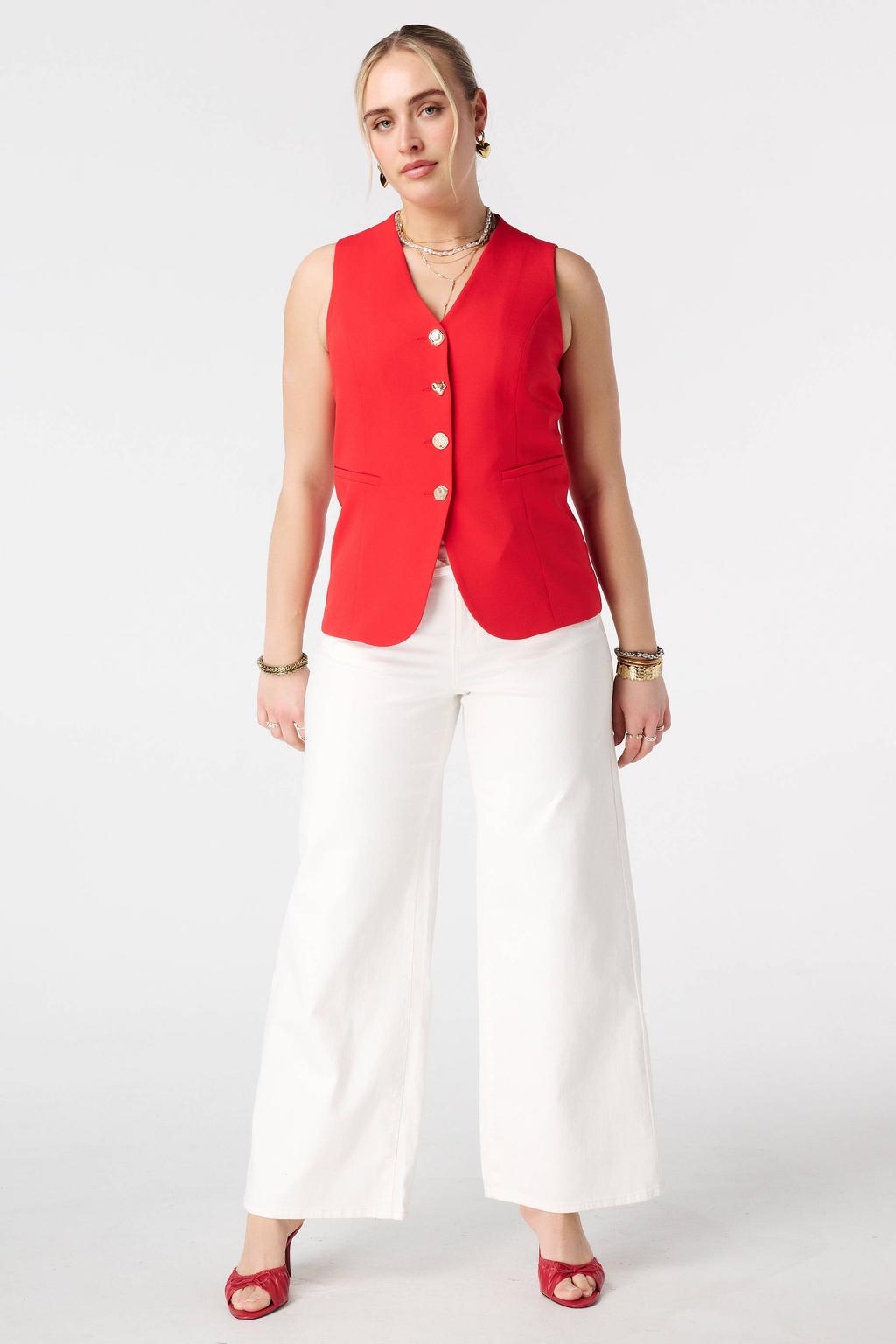 Rode dames MS Mode gilet van polyester met effen, klassieke kraag en knoopsluiting