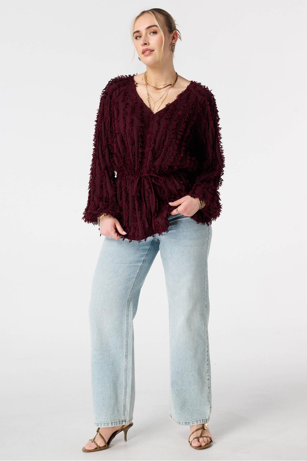 Donkerrode dames MS Mode top van polyester met effen, lange mouwen en V-hals