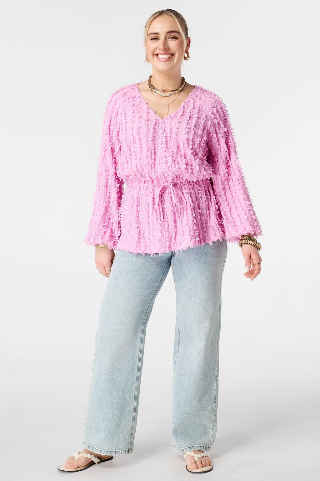 Roze dames MS Mode top van polyester met effen, lange mouwen en V-hals