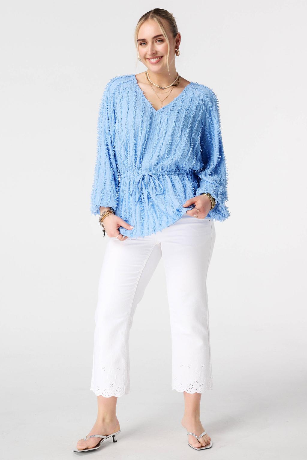 Lichtblauwe dames MS Mode top van polyester met effen, lange mouwen en V-hals