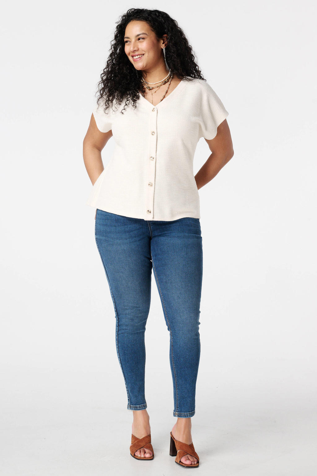 Ecru dames MS Mode bouclé top met effen, korte mouwen en V-hals